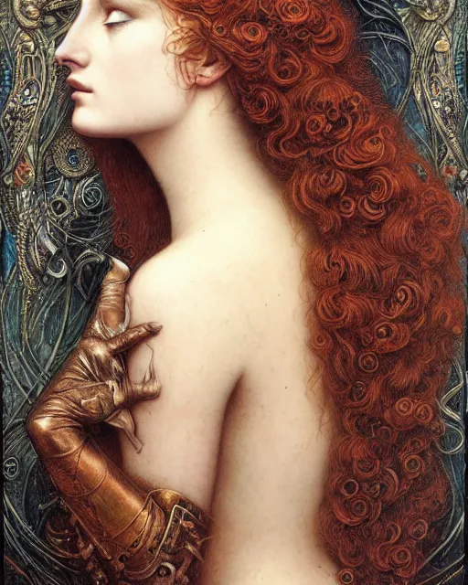 Image similar to in the style of beautiful sophie turner, steampunk, detailed and intricate by jean delville, gustave dore and marco mazzoni, symbolist, visionary, gothic, pre - raphaelite