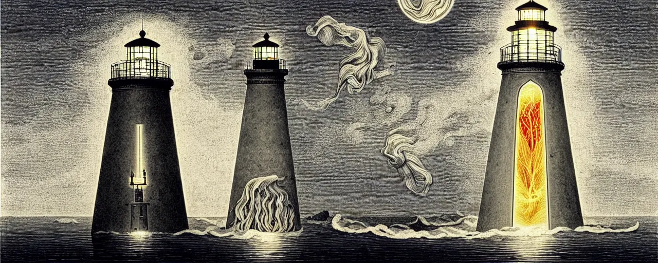 Image similar to an epic lighthouse radiates a unique canto'as above so below'while being ignited by the spirit of haeckel and robert fludd, breakthrough is iminent, glory be to the magic within, in honor of saturn, painted by ronny khalil