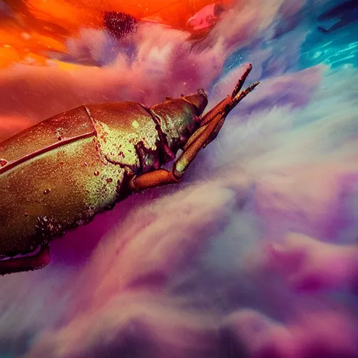 Image similar to film photography of a giant lobster swimming amongst colourful underwater clouds by Kim Keever, low shutter speed, 35mm