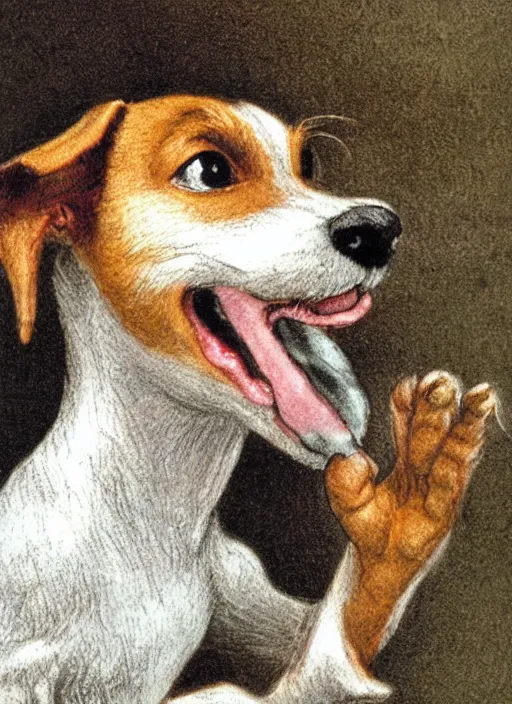 Image similar to closeup candid portrait of a jack russel terrier singing with eyes closed, illustrated by peggy fortnum and beatrix potter and sir john tenniel