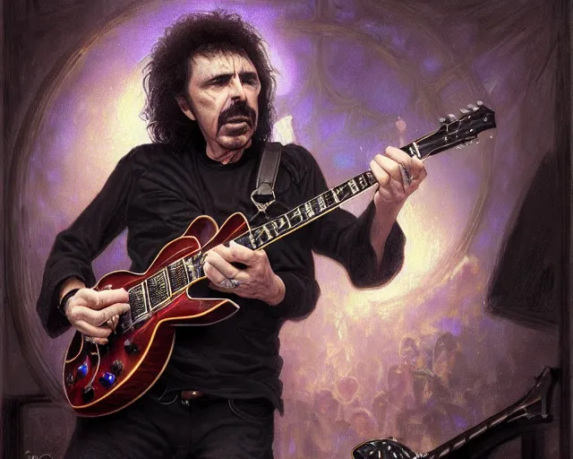 Image similar to photography of tony iommi playing a guitar at a tavern concert, 8 k, deep focus, d & d, fantasy, intricate, elegant, highly detailed, digital painting, artstation, concept art, matte, sharp focus, illustration, hearthstone, art by artgerm and greg rutkowski and alphonse mucha