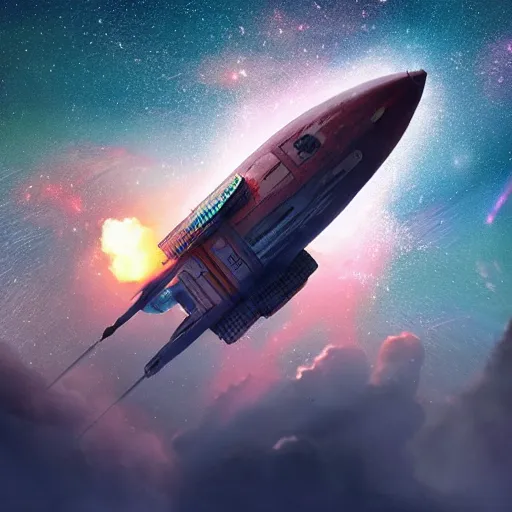 Image similar to space ship on the starry sky gets blown up by missile, stylized, artstation, hd, cgsociety, cgi, realistic, dramatic, cinematic, artistic, trending, detailed