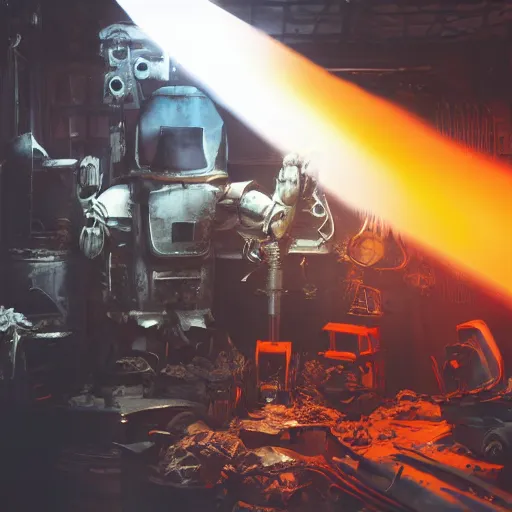 Image similar to cutlery mecha, dark messy smoke - filled cluttered workshop, dark, dramatic lighting, orange tint, cinematic, highly detailed, sci - fi, futuristic, movie still