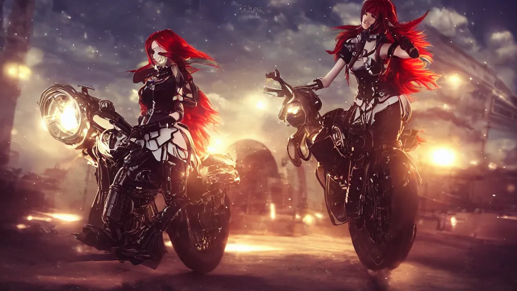 Image similar to cosplay red haired, female character, light armour, skirt, riding steampunk motorcycle, in fantasy sci - fi city, night time, city lights, motion blur, final fantasy, cinematic, realistic, stylised, unreal engine, lumen, realistic, artgerm