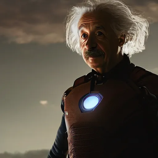 Image similar to albert einstein as tony stark in ironman, cinematic lighting, dramatic, octane render, long lens, shallow depth of field, bokeh, anamorphic lens flare, 8 k, hyper detailed, 3 5 mm film grain