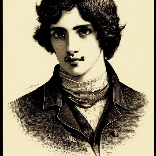 Prompt: A beautiful 19th century wood-engraving of a young Spanish man, by Édouard Riou Jules Férat and Henri de Montaut, highly detailed, fine Art, high detail, masterpiece, illustration, clear eyes, trending on artstation