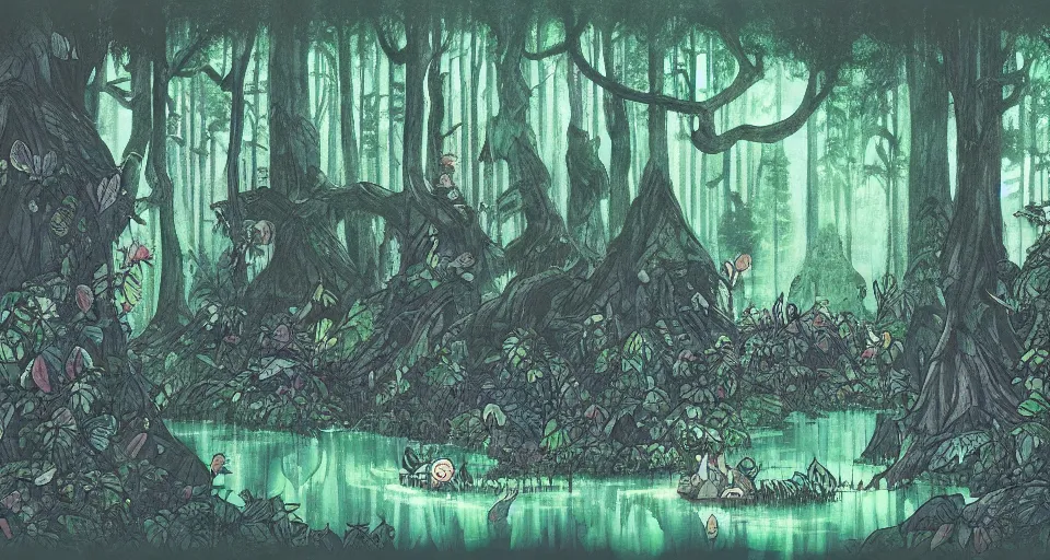 Prompt: A dense and dark enchanted forest with a swamp, by Studio Ghibli