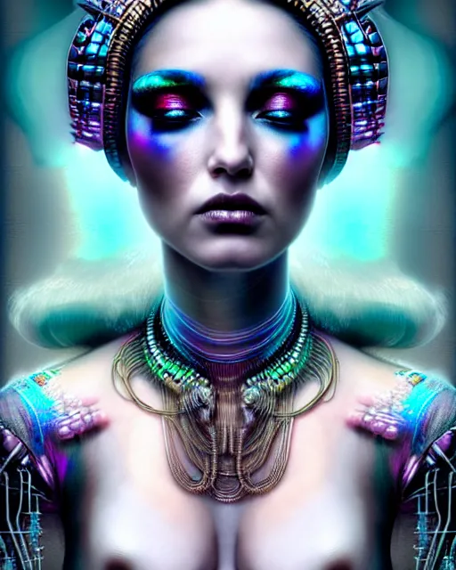 Image similar to hyperrealistic detailed portrait of a beautiful goddess in an iridescent cyber headdress, intricate cyberpunk make - up, art by android jones, john william godward, nekro borja, h. r. giger, gothic - cyberpunk,