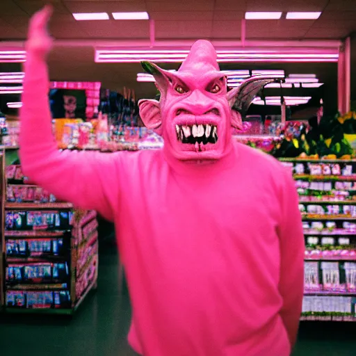 Image similar to a photograph of a violence goblin in a pink walmart, portra 800
