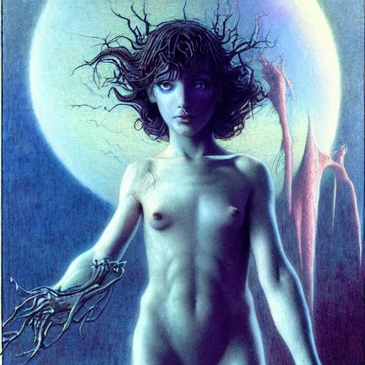 Image similar to cute young vampire tomboy girl with short short short dark hairs on lovecraftian planet by jean delville by luis royo and wayne barlowe, beksinski