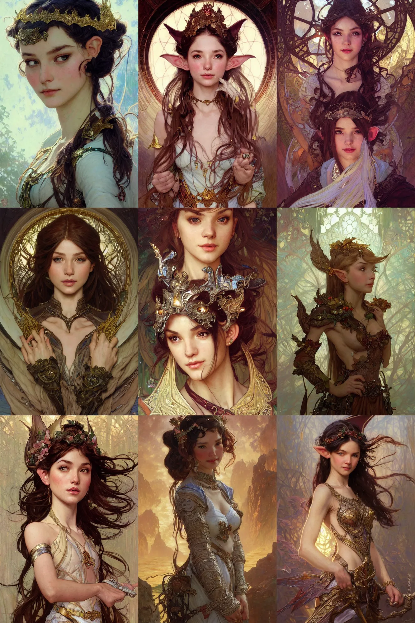 Prompt: portrait of a beautiful high-fantasy elf girl, intricate details, by Stanley Artgerm Lau, by greg rutkowski, by thomas kindkade, by alphonse mucha, by norman rockwell, by J. C. Leyendecker. D&D, fantasy. Trending on artstation, rule of thirds, detailed illustration, detailed lighting hd 4k