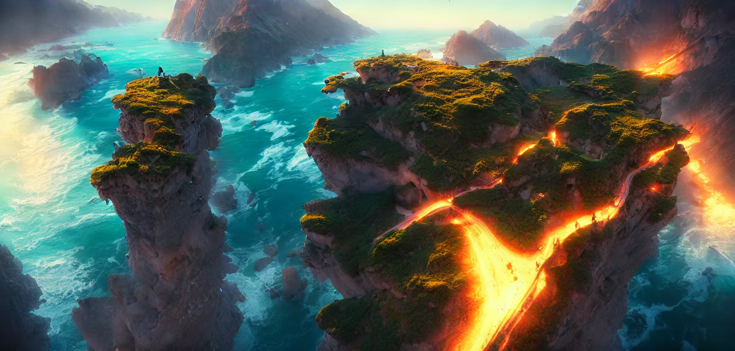 Image similar to nature landscape, aerial view, drone photography, cinematic, mountains and ocean, trending on artstation, by jordan grimmer, huge scene, art greg rutkowski