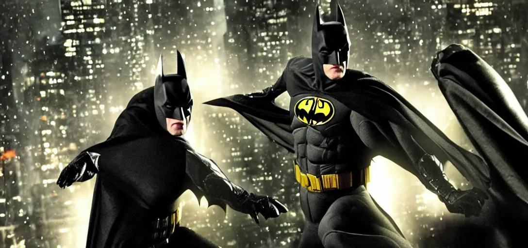 Image similar to Old Michael Keaton Batman fighting in modern Gotham city movie, 4K