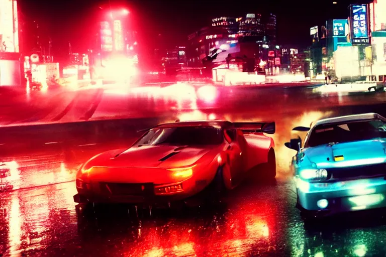 prompthunt: tokyo drift fast and furious film still, racing on wet city  street at night, hyper detailed, forza, smooth, need for speed, high  contrast, volumetric lighting, synthwave, octane, george miller, jim lee