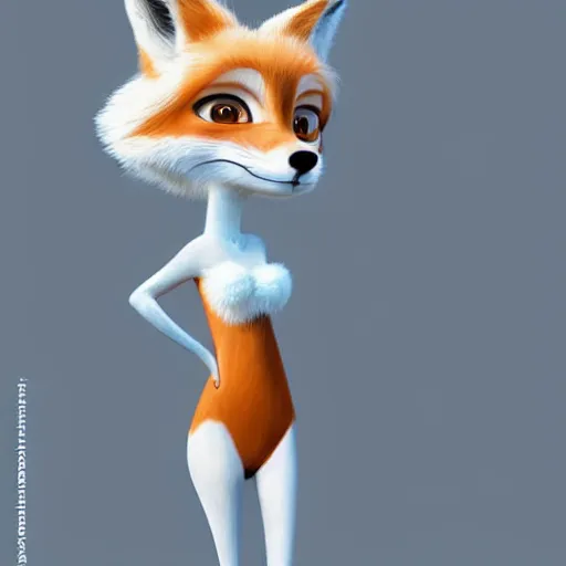 Prompt: anthropomorphic female fox with short white fur covering her body in the style of zootopia