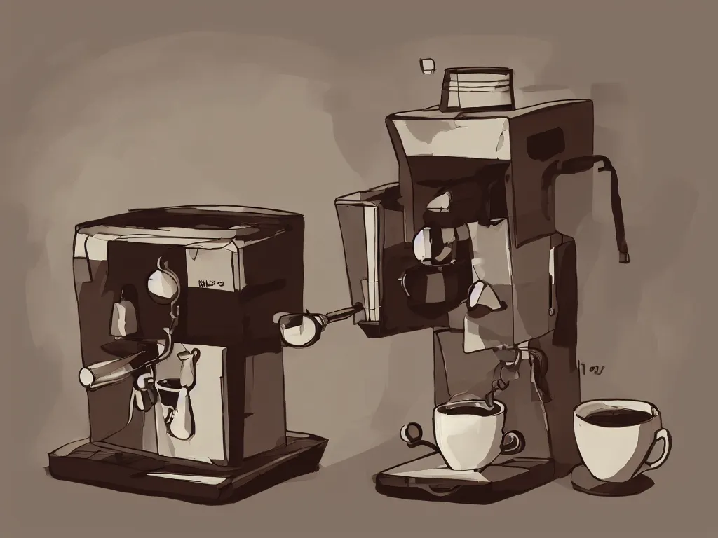 Prompt: coffee machine, by pixar, serene illustration, fresh colors, conceptart, trending on artstation