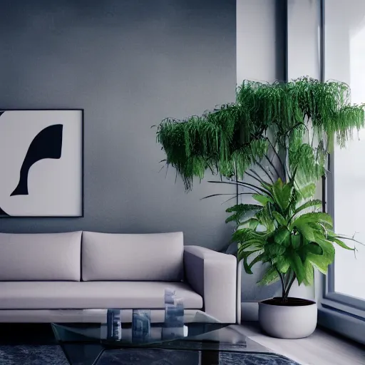 Image similar to a modern indoor room clean architecture a couch a couch table some plants daylight peaceful 8 k octane render