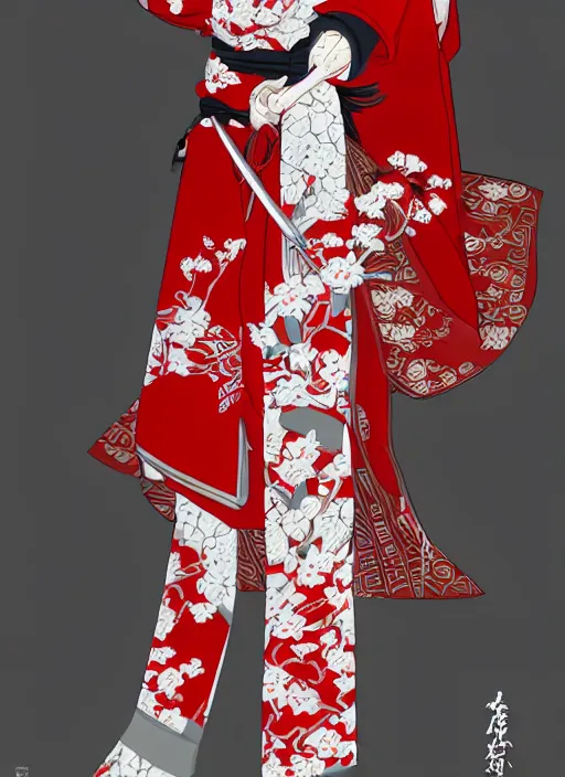 Image similar to character design, red and white kimono, samurai, dark long hair, princess cut hairstyle ， beautiful, elegant, symmetrical face, long legs, regular feet, big katana, full body, wisteria trees, realistic, uhd, unreal engine, detailed