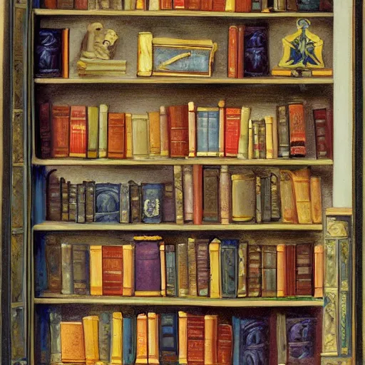 Prompt: a bookshelf full of books, trinkets, and artifacts, Trompe-l'œil painting