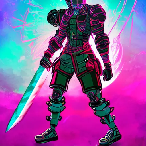 Image similar to katana zero video game character, huge sword, cyborg, synthwave art, colorful, digital art, thiago lehmann