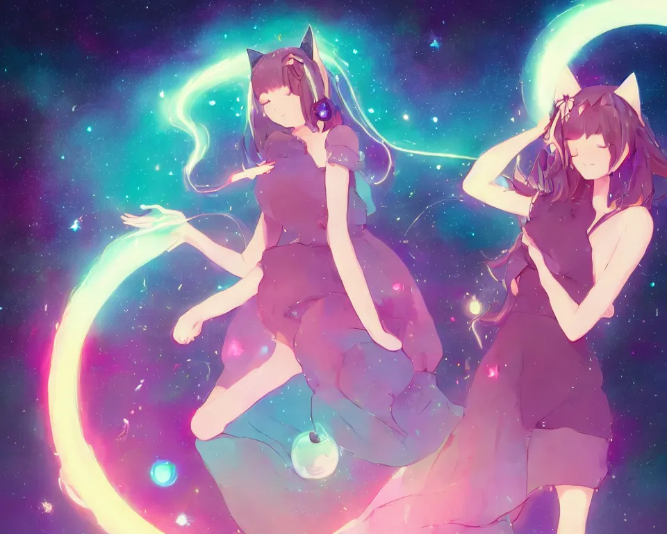Image similar to beautiful whimsical women with cat ears and a tail standing under the stars, under a multi-colored binary blackhole with an accretion disc, casting magic, glowing trails following her arms, wearing professional makeup, anime, by Lois van Baarle, by Greg Rutkowski, by artgerm, by beeple, by studio ghibli, cinematic angle, volumetric lighting, 4k resolution, octane render, trending on artstation, masterpiece