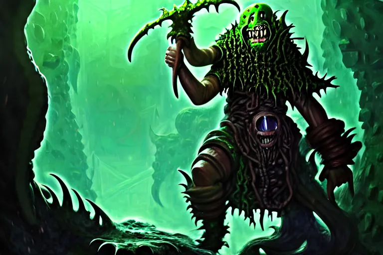 Prompt: A fierce and wild slime-boy is raging throughout the grimdark dungeon depths. trending on Pixiv. trending on ArtStation. A vibrant digital oil painting. A highly detailed fantasy character illustration by Wayne Reynolds and Kev Walker and Gustave Dore and Carl Critchlow and Bram Sels