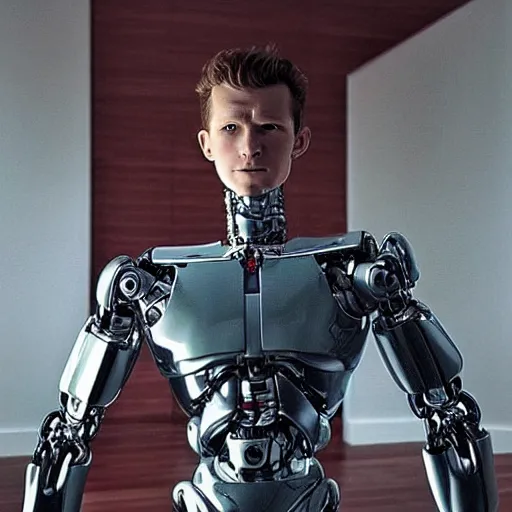 Image similar to “a realistic detailed photo of a guy who is the terminator robot, a cyborg consisting of living tissue over a robotic endoskeleton, who is a male android, Tom Holland, posing like a statue, blank stare”