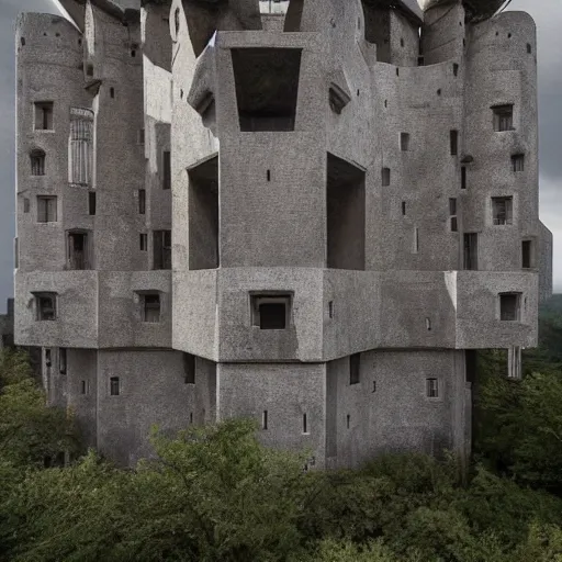 Prompt: scifi brutalist castle standing on a hill, tall castle with wild geometric towers, photography