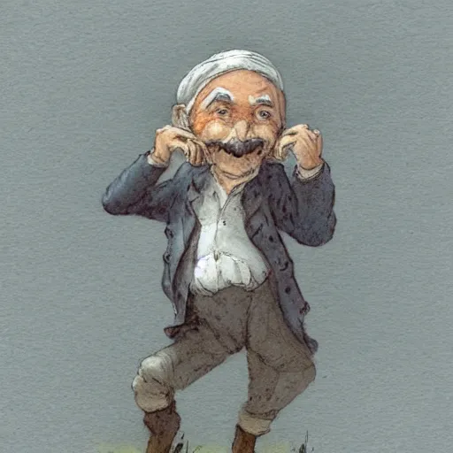 Prompt: a muted color watercolor sketch of a old man little person dancing from story book character ifrom the book Baltimore & Redingote by Jean-Baptiste Monge of an old man in the style of by Jean-Baptiste Monge that looks like its by Jean-Baptiste Monge and refencing Jean-Baptiste Monge