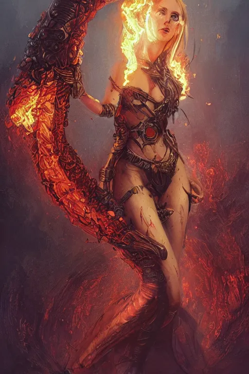 Prompt: Long Worm made of Fire wrapped around the arm of the beautiful fire goddess wearing ornate bikini armor, digital art, trending on artstation, cgsociety, detailed, illustration, professional art by Seb McKinnon