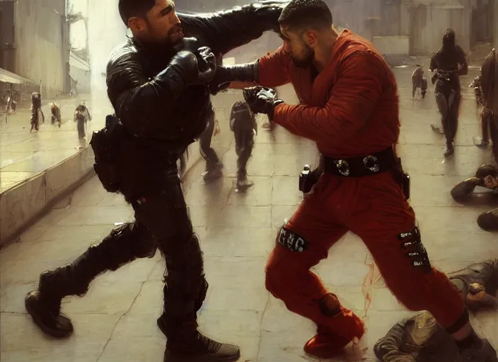 Prompt: Javier fights sgt Nash. Cyberpunk kickboxer in orange jumpsuit fighting menacing police troopers (blade runner 2049). attractive face. Orientalist portrait by john william waterhouse and James Gurney and Theodore Ralli and Nasreddine Dinet, oil on canvas. Cinematic, hyper realism, realistic proportions, dramatic lighting, high detail 4k