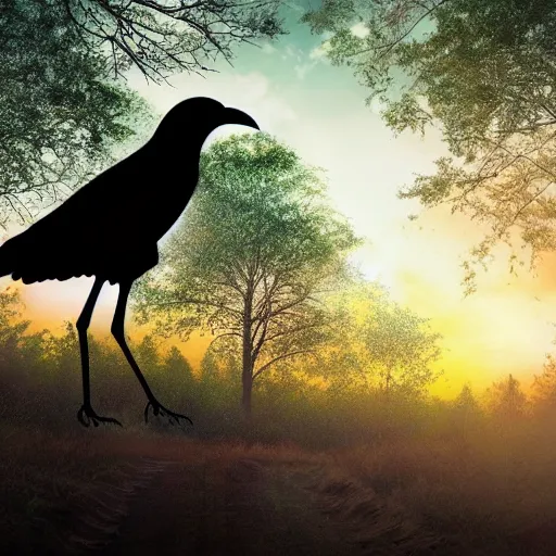 Image similar to a tall, muscular crow walking in a forest, sunset, realistic, romantic, enchanting, dreamy, IMAX