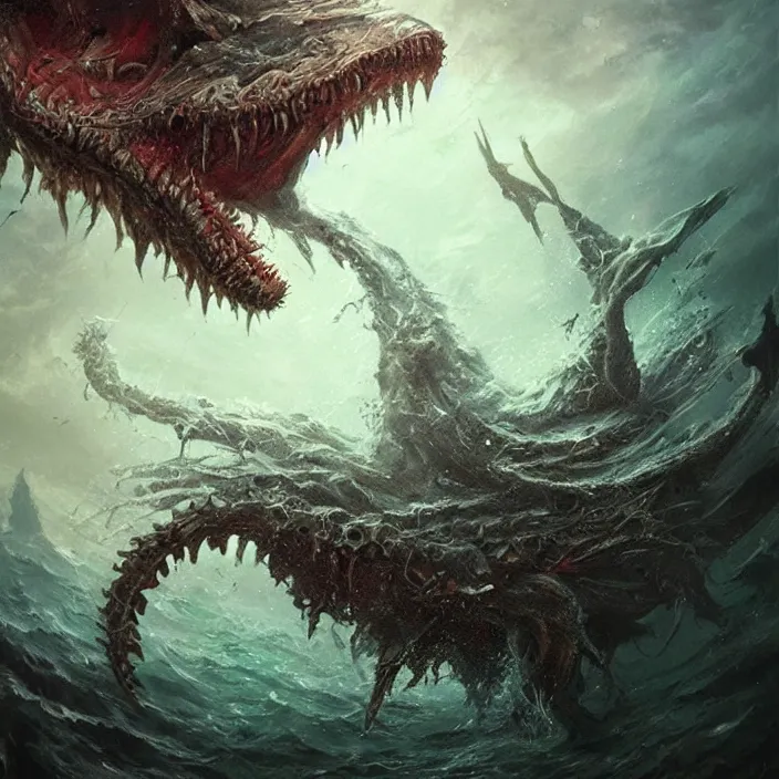 Image similar to sea monster large horror under the ocean d & d, d & d style, trending on artstation, intricate, highly detailed, vivid painting, colorful, art by greg rutkowski