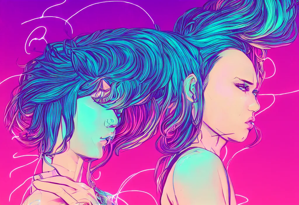 Image similar to a award winning half body portrait of a beautiful woman in a croptop and cargo pants with ombre purple pink teal hairstyle surrounded by whirling illuminated lines, outrun, vaporware, shaded flat illustration, digital art, trending on artstation, highly detailed, fine detail, intricate sensual