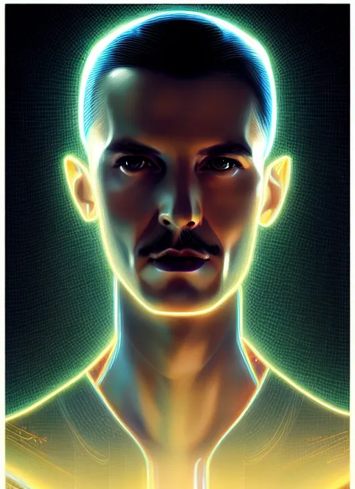 Image similar to portrait of nikola tesla cyber humanoid, intricate, elegant, cyber neon lights, highly detailed, digital painting, artstation, glamor pose, concept art, smooth, sharp focus, illustration, art by artgerm and greg rutkowski