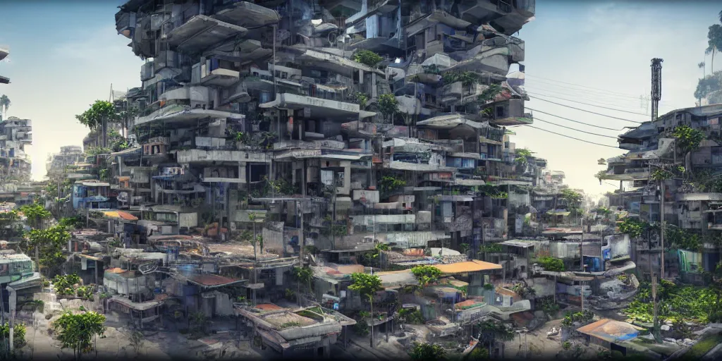 Prompt: a 3 d render of a futuristic solarpunk brazilian favela, ultra detailed, hyper realistic, 8 k, cycles render engine, octane render, game art, cyberpunk