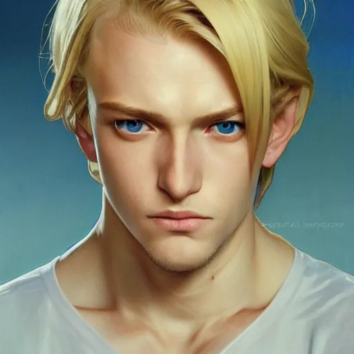 Image similar to highly detailed vfx portrait of a blond centre parting pretty boy with blue eyes by eiichiro oda, makoto shinkai, alphonse mucha, sharp focus, art by artgerm and greg rutkowski!, backlit, harsh overhead sunlight, detailed,