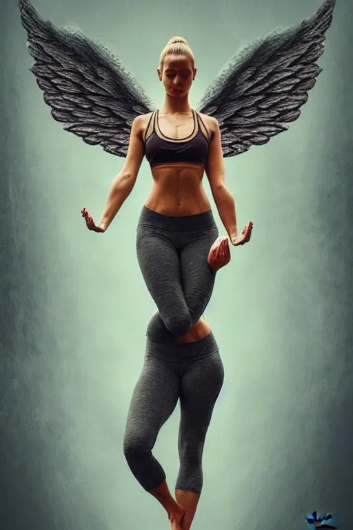 Image similar to Full body potrait of fit angel doing yoga asanas , angel is split in two with smoke, fantasy, intricate, elegant, highly detailed, digital painting, artstation, concept art, smooth, sharp focus, illustration, art by Ilja Repin