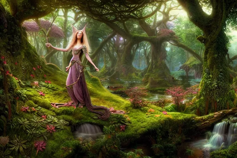 Image similar to a beautiful and highly detailed matte painting of an elven princess in beautiful garden in a mystical forest, psychedelic patterns, celtic designs, intricate details, epic scale, insanely complex, 8 k, sharp focus, photorealism, artstation, cgsociety, by caspar friedrich, albert bierstadt, james gurney, brian froud,