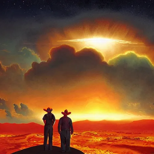 Image similar to giant fiery sun takes up most of the sky, two men look out over the horizon of a desert with plants on fire, lightning strikes in the distance, highly detailed matte painting