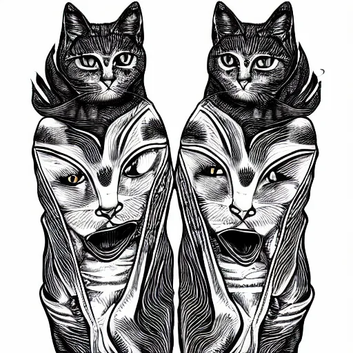 Image similar to black and white illustration creative design, two headed cat, body horror