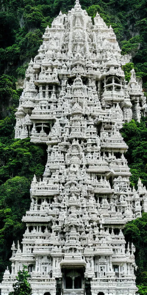 Image similar to colossal and beautiful hindu temple, ornate architecture, carved in white marble, cliffside, lush jungle, atmosphere, dramatic lighting, epic composition, close up, low angle, wide angle, by miyazaki, nausicaa ghibli, breath of the wild