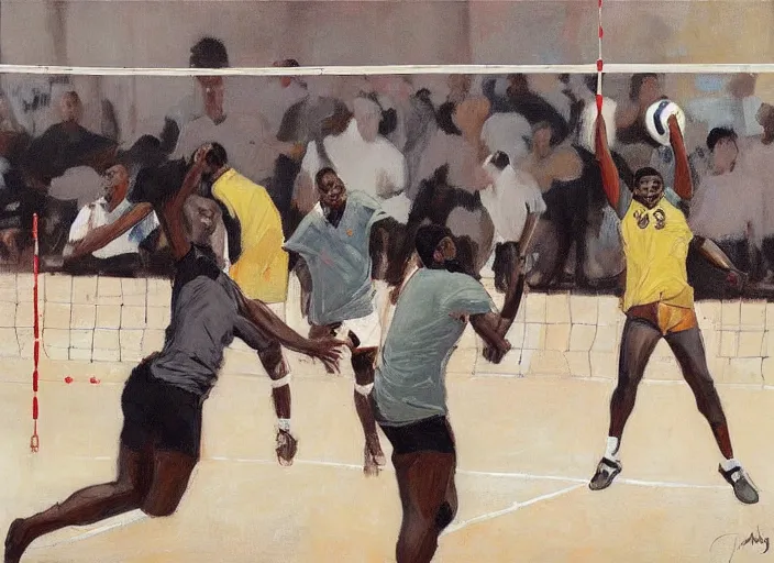 Prompt: a highly detailed beautiful portrait of notorious big playing voleyball, by gregory manchess, james gurney, james jean