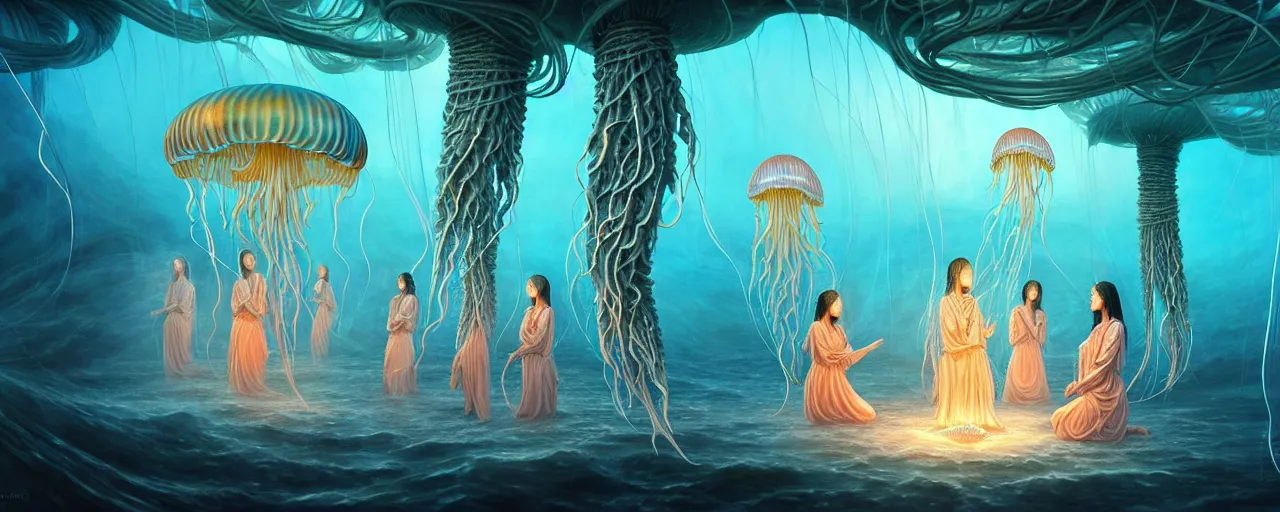 Prompt: A painting of priestesses worshipping at the jellyfish temple, shrouded in mist, jellyfish god, 8K, illustration, by Justin Cheung and ArtGerm and Stéphane Roux, smoke, cinematic, insanely detailed and intricate, hypermaximalist, elegant, super detailed, award-winning, chartreuse and orange and cyan, mysterious, ancient, ritual, ethereal, trending in cgsociety, artstation HQ, ornate, elite, haunting, matte painting, beautiful detailed, insanely intricate details, artstation trending