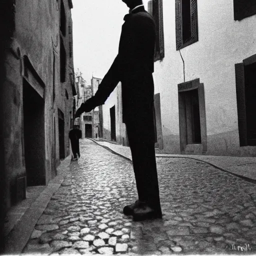 Image similar to dslr tall figure standing at the end of a barcelona cobbled road, noir, 1 8 9 0 film