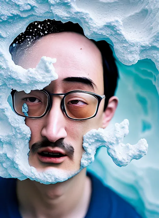 Image similar to Kodak Portra 400, 8K, soft light, volumetric lighting, highly detailed, portrait photo of a Filthy Frank by WLOP, the face emerges from a Pamukkale, thermal waters flowing down white travertine terraces with lotus flowers, inspired by Ophelia paint , blue shirt and hair are intricate with highly detailed realistic beautiful flowers , Realistic, Refined, Highly Detailed, ethereal lighting colors scheme, outdoor fine art photography, Hyper realistic, photo realistic, masterpiece