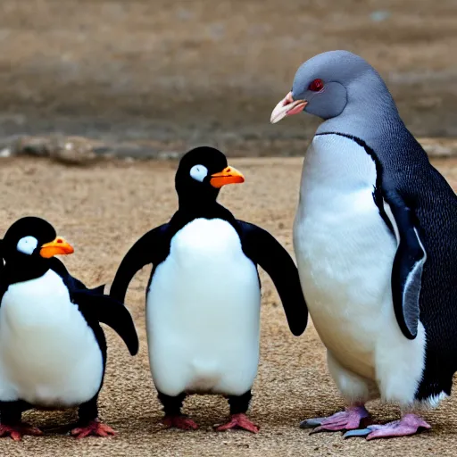 Image similar to a chicken, a penguin, a pigeon and a chicklet side by side