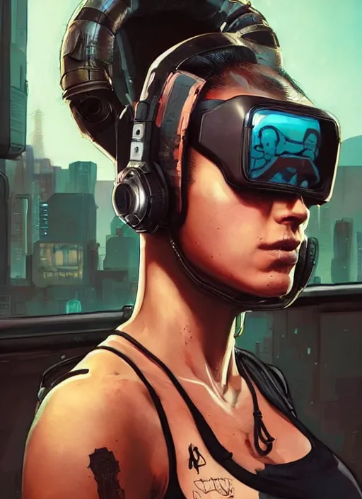 Image similar to Buff Maria. Female cyberpunk meathead wearing a cyberpunk headset. gorgeous face. Realistic Proportions. Concept art by James Gurney and Laurie Greasley. Moody Industrial skyline. ArtstationHQ. Creative character design for cyberpunk 2077.