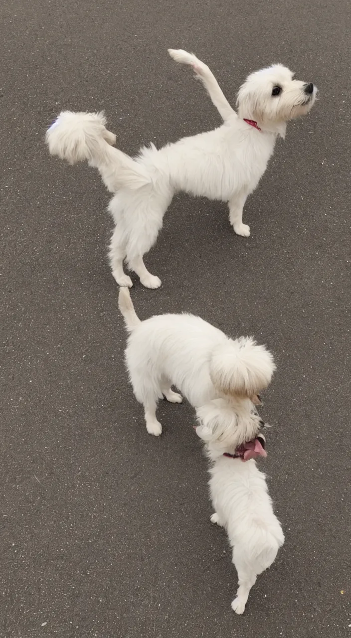 Image similar to photo of maltese puppy dog standing on hind leg begging for food, photorealistic