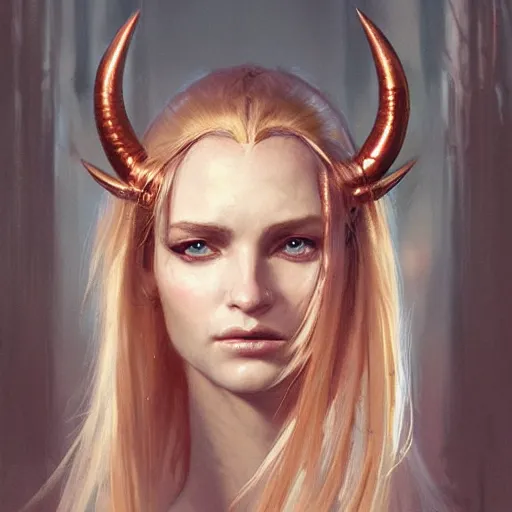 Image similar to A head-on detailed oil fantasy portrait of a pretty elf woman with subtle copper horns on her forehead, long blonde hair and bright copper irises, by greg rutkowski, trending on artstation, dungeon and dragons art